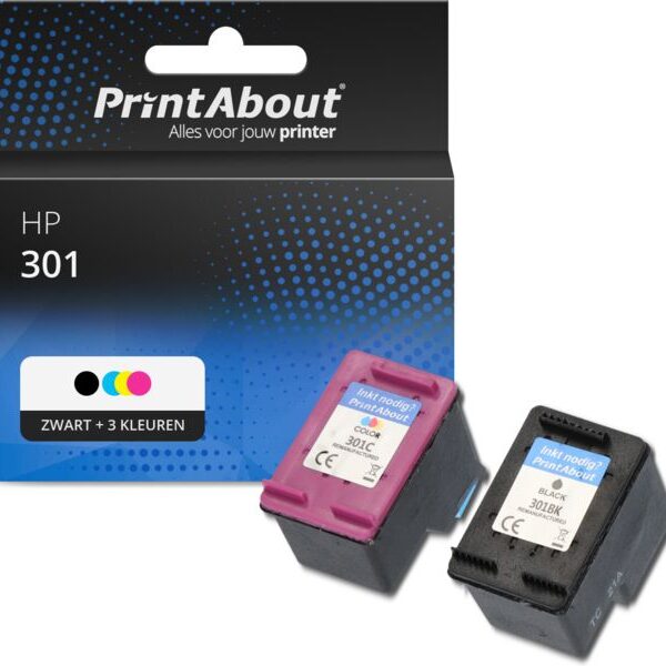Huismerk HP 301 (N9J72AE) Inktcartridge Zwart + 3 kleuren Multipack
